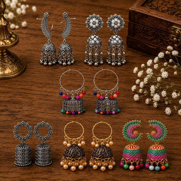 Silver Earrings Combo Set for Women | Pack of 6 Jhumka, Chandbali, Stud, Hoop & Drop Earrings | Lightweight Traditional Ethnic Jewellery for Daily Wear, Office, Party & Wedding