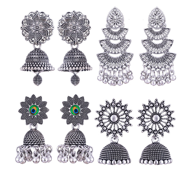 Silver Earrings Combo Set for Women | Pack of 4 Jhumka, Chandbali, Stud, Hoop & Drop Earrings | Lightweight Traditional Ethnic Jewellery for Daily Wear, Office, Party & Wedding