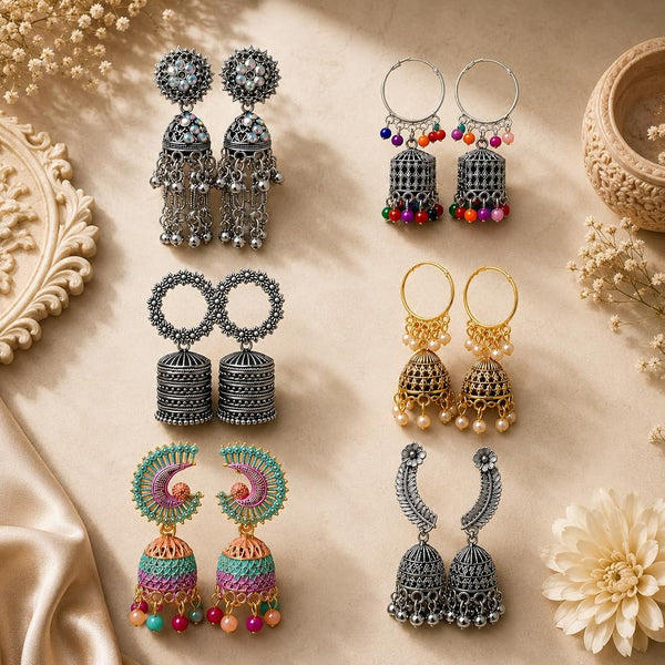 Silver Earrings Combo Set for Women | Pack of 6 Jhumka, Chandbali, Stud, Hoop & Drop Earrings | Lightweight Traditional Ethnic Jewellery for Daily Wear, Office, Party & Wedding