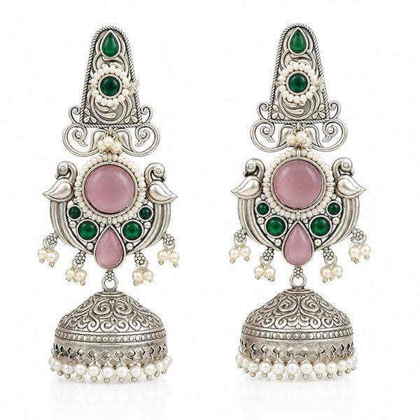 Oxidised Silver-Plated Peacock Jhumka Earrings for Women & Girls | Traditional Jhumka Earrings with Pearl Beads & Pink Stone | Trendy Ethnic Jewellery Gift Navratri Earrings