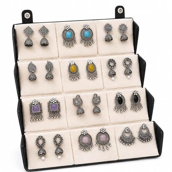 12 Pairs Oxidised Silver Earrings Set for Women Girls with Foldable Jewellery Organizer Box Traditional Afghani Jhumka Dangle Drop Earrings Ethnic Indian Jewellery Gift Set