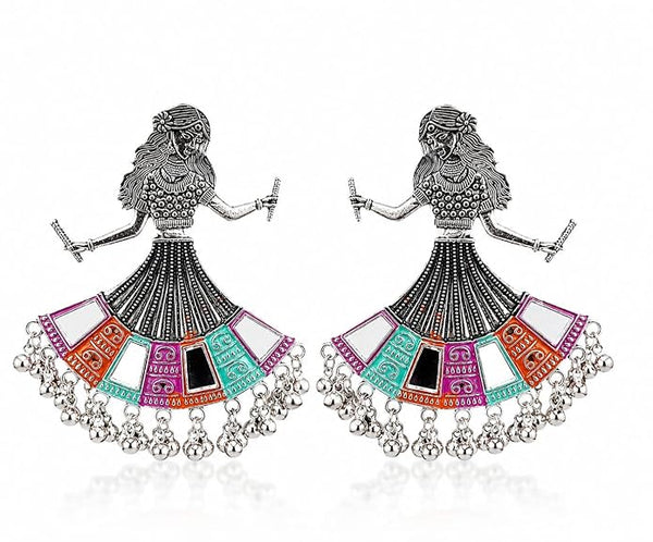 Oxidised Silver Jhumka Earrings for Women, Traditional Dandiya Garba Ethnic Earrings with Colourful Details & Dangling Ghungroo, Statement Jewellery for Navratri, Festive