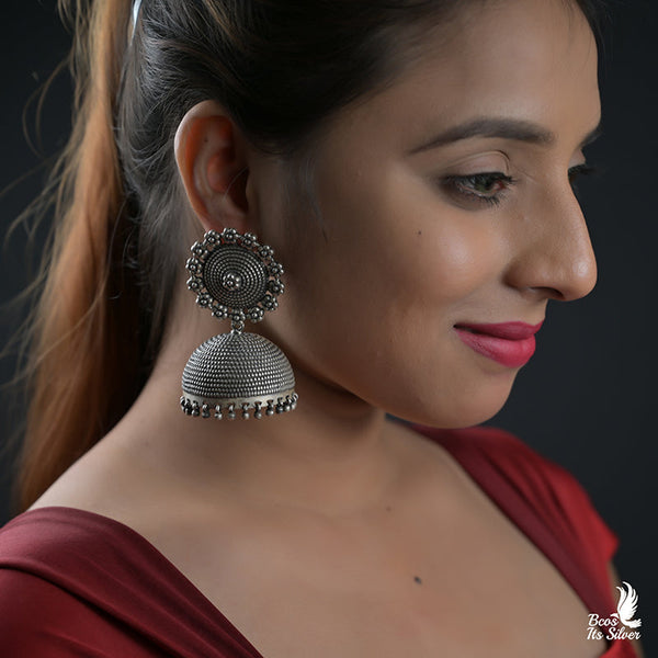 925 Silver Oxidized Sunflower Jhumka -8441